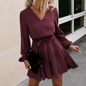 V neck burgundy belted dress